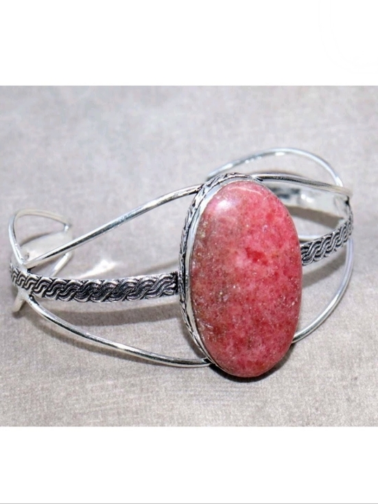 Handmade Jewelry - Norwegian Pink Thulite Gemstone 925 Sterling Silver Adjustable Cuff Bracelet